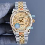 Copy Rolex Datejust Fluted Golden Dial Diamond Bezel Jubilee Band Watch